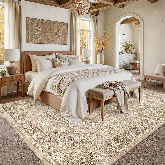 9x12 Beige Washable Area Rugs for Living Room Non Slip Low Pile Vintage Boho Throw Rug Khaki Soft Retro Distressed Floral Large Carpet Indoor for Bedroom Dining Room Office Kitchen Playroom