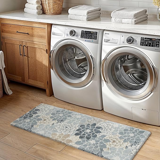 GENIMO Anti Fatigue Kitchen Mats for Floor 2PCS, Cushioned Standing Mats | 17.3"x47"&17.3"x30", Light Blue vintage floral rug set, waterproof, non slip, easy-clean for farmhouse