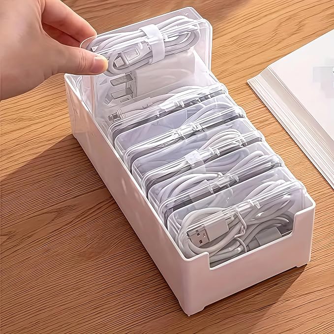 11 Grid Clear Cable Organizer Box with Switch for Desktop Cord Storage | Office desktop use, home wire sorting, stationery storage, detachable dividers, tidy cable arrangement