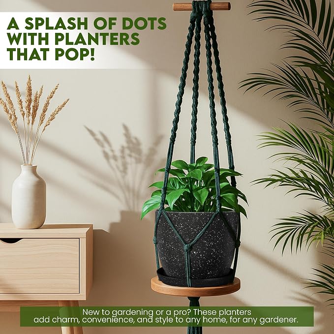 Utopia Home - Spotty Plant Pots Indoor with Drainage - 7/6.6/6/5.3/4.8 Inches Flower Pots - 5 Pack Plastic Planters - Ideal for Stocking Stuffers - (Speckled Black, Pack of 5)