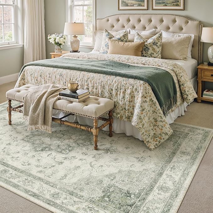 PureCozy Green Area Rug 8x10 Washable Living Room Carpet Vintage Non Slip Soft Bedroom Indoor Office Retro Low Pile Thin Oriental Medallion Large Rug for Dining Room Playroom
