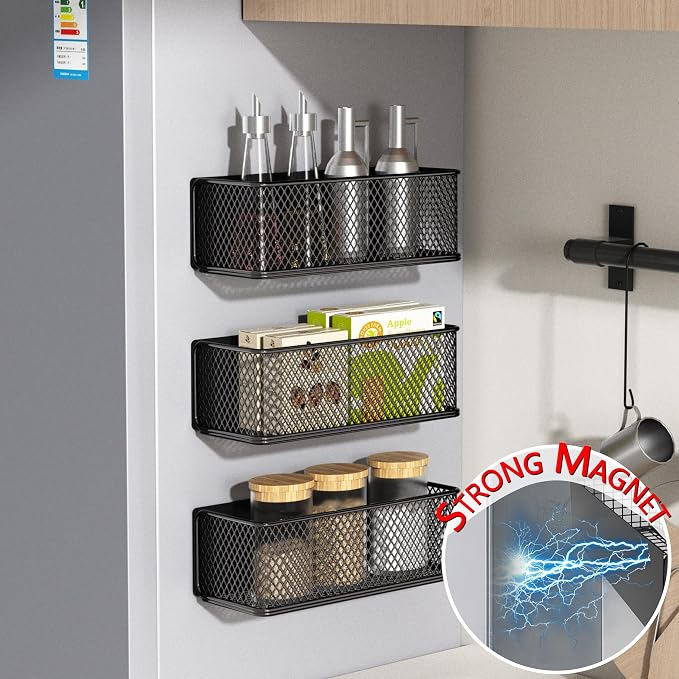 Buyyyit Magnetic Basket Bins Fridge Organizer Pencil Holder - Whiteboard Accessories for Home Kitchen Organization (Mesh Black-High)