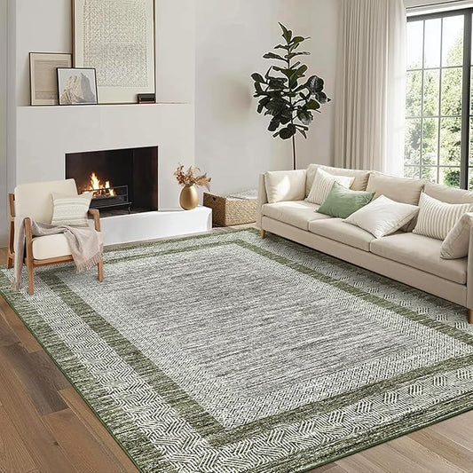 GarveeHome 9x12 Large Modern Green Area Rug Distressed Bordered Rug Soft Non Shedding Floor Carpet, Geometric Rug, Washable Non Slip Rug, Low Pile Indoor Area Rug for Living Room, Bedroom