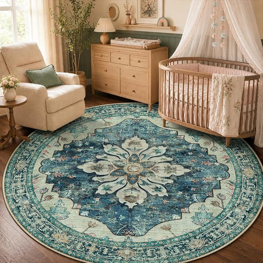 RELEANY Area Rugs Round 5ft Washable Non-Slip, Floral Vintage Distress Medallion Carpet for Living Room Bedroom Dining Room, Dark Blue Vintage