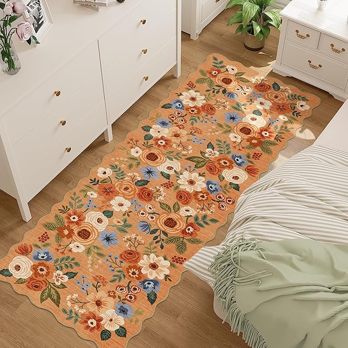 DUKINO 2.6x8 Runner Rug for Hallway, Washable Kitchen Rug with Non Slip Backing & Non-Shediing, Soft Low Pile Floral Design Runner for Bedroom, Kithchen, Living Room, Laundry, Bathroom, Orange