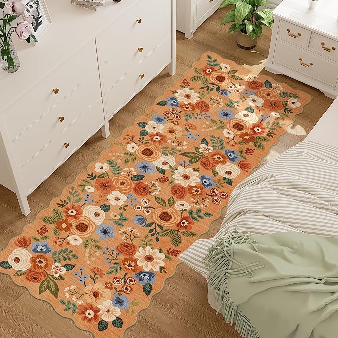 DUKINO 2x6 Runner Rug for Hallway, Washable Kitchen Rug with Non Slip Backing & Non-Shediing, Soft Low Pile Floral Design Runner for Bedroom, Kithchen, Living Room, Laundry, Bathroom, Orange