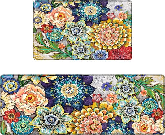 Boho Floral Kitchen Rugs Mats for Floor 2 Piece Memory Foam Padded Kitchen Mats Anti Fatigue Non Slip Cushioned Comfort Standing Mat, 17.3x28+17.3x47 Inch