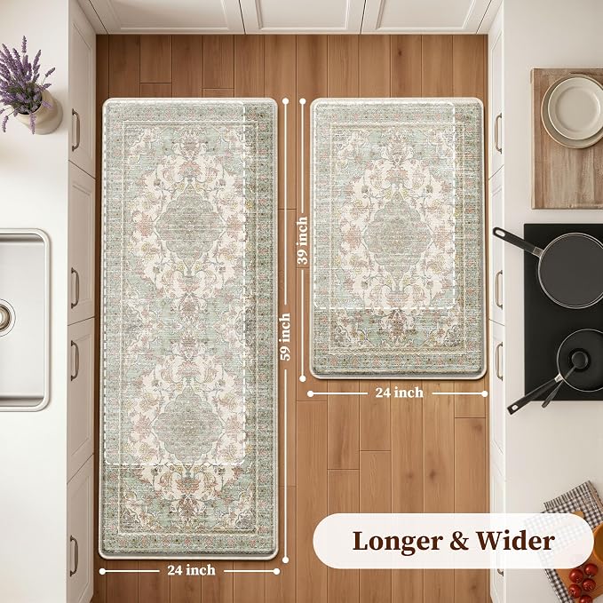 Boho Kitchen Mats for Floor 2 Piece Set Anti Fatigue Cushioned PVC Kitchen Rugs Non Slip Waterproof Farmhouse Mats 2/5 Inch Comfort Standing Mat for Laundry, 23.6"x39"+23.6"x59", Green Orange Beige