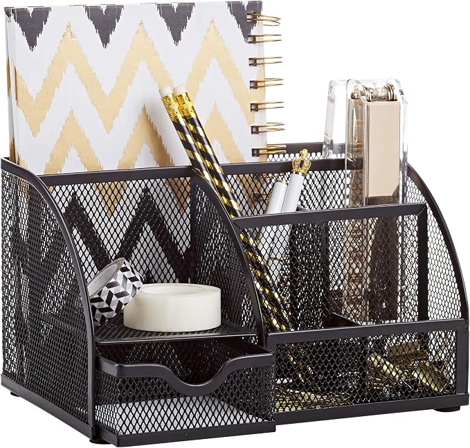 Annova Mesh Desk Organizer Office with 7 Compartments + Drawer/Desk Tidy Candy/Pen Holder/Multifunctional Organizer (Black)