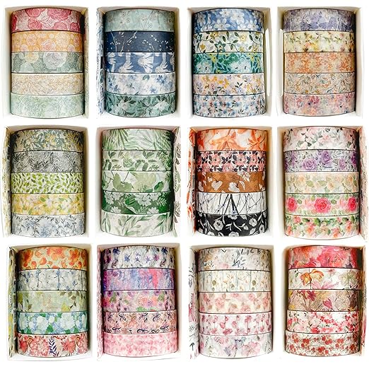 Flowers Washi Tape Set 60 Rolls Floral Patterns Decorative Skinny Blooms Masking Tapes for Arts, DIY Crafts, Journals, Planners, Scrapbook, Wrapping (Spring)