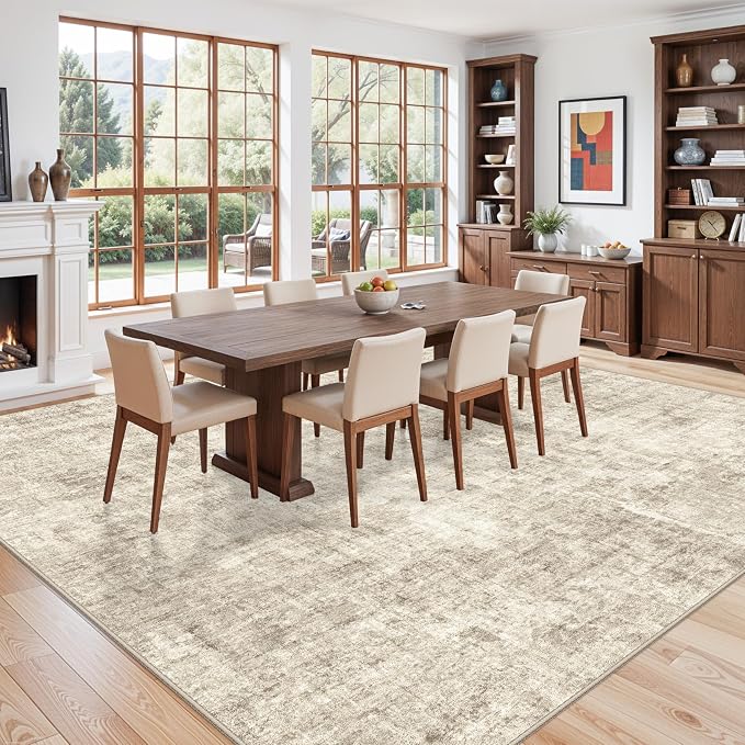 12x12ft Square Living Room Rug – Non-Slip Washable Extra Large Floor Carpet for Bedroom, Dining Room, Playroom Room – Modern Abstract Neutral Thin Low-Pile Big Indoor Rug (Warm Beige)