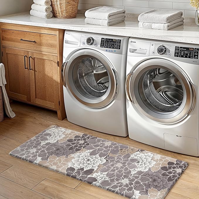 GENIMO Anti Fatigue Kitchen Mats for Floor 2PCS, Cushioned Standing Mats | 20"x32"&20"x48", Coffee Brown vintage floral rug set, waterproof, non slip, easy-clean for farmhouse