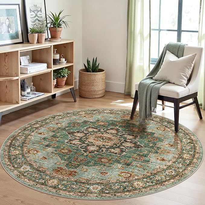 TOPRUUG Washable Oriental Area Rug - 5ft Round Rugs for Living Room Soft Carpet for Bedroom Waterproof Floral Distressed Indoor Stain Resistant Non-Shedding Floor Carpets (Green, 5ft-Round)