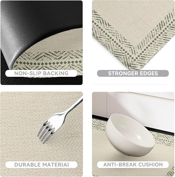 Scalloped Sage Green Vintage Boho Elegance Frame Kitchen Rug Sets [2 PCs], Anti-Fatigue, Waterproof Non-Slip Kitchen Mats Heavy Duty Comfort Foam Rug for Kitchen, Floor, Laundry,17.3"x29"+17.3"x47"
