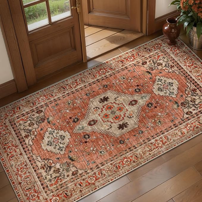 Tangsoo Boho Kitchen Rug 2x4 Washable Rugs for Entryway, Vintage Non Slip Small Rugs Front Door Mat Indoor Entrance, Terracotta Soft Low Pile Throw Rug Small Carpet for Entry Bedroom Living Room