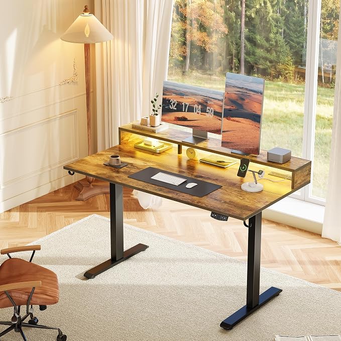 Klicelor Electric Standing Desk with Shelf, 55 Inch Height Adjustable Desk with Power Outlets & LED, Sit Stand Up Table with Monitor Stand, Computer Workstation for Home Office, Rustic Brown