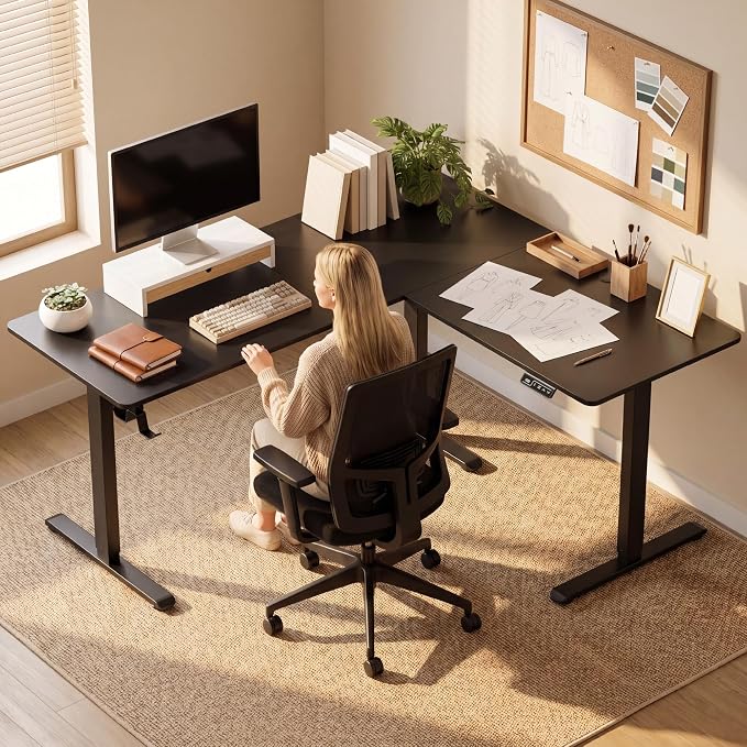 Furmax 63 x 55 Inch L Shaped Standing Desk with 2 Preset Heights, Electric Height Adjustable Computer Table, 2 Hooks & Feet Balance, Corner Sit Stand Desk for Home Office (Black, 63 x 55 Inch)