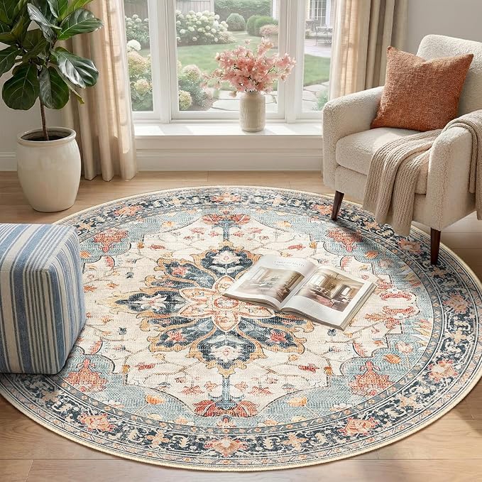 RELEANY Area Rugs Round 4ft Washable Non-Slip, Floral Vintage Distress Medallion Carpet for Living Room Bedroom Dining Room, Beige Navy Blue Orange Colorful