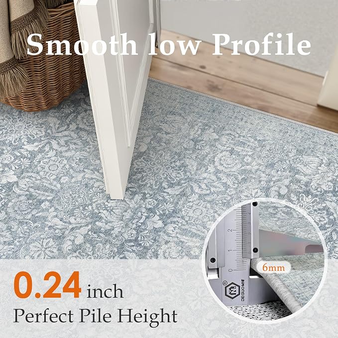 PureCozy Washable Area Rug 2x3, Small Non-Slip Entryway Door Mat Vintage Low Plie Thin Indoor Kitchen Bathroom Rug Retro Accent Throw Entrance Bedroom Office Carpet Blue