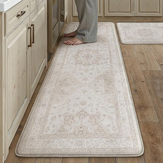 PureCozy Kitchen Mats 2PCS Anti Fatigue Cushioned Mat Beige Vintage Kitchen Mats for Floor Waterproof Non Slip Comfort Standing Oriental Medallion Rug for Sink Laundry Office 17.3"x59"+17.3"x30"