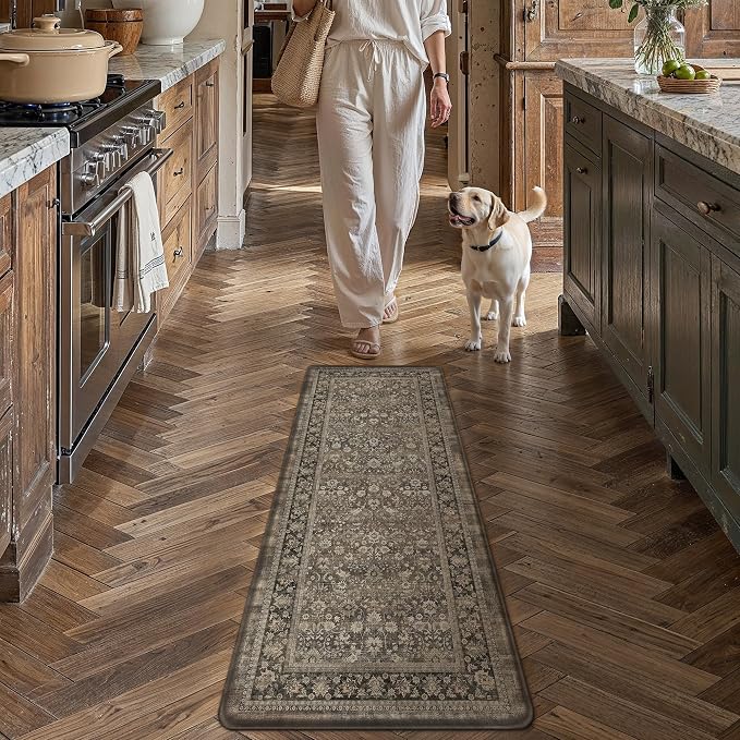 17.3"x47" Dark Brown Vintage Kitchen Mat Set | Washable, Anti Fatigue, Non Slip, Soft, Vintage, Floral, Distressed, Farmhouse, for Sink Entryway Bathroom Laundry