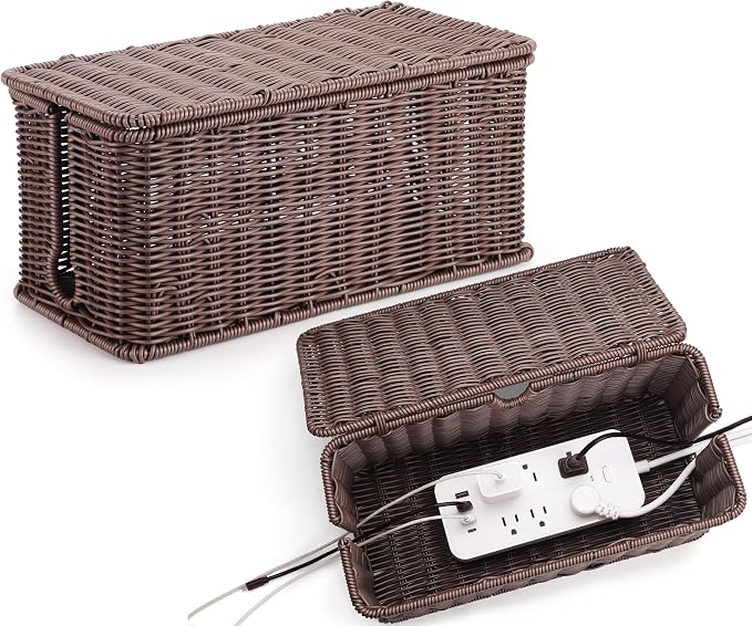 ZhiYo Rattan Cable Management Box, Dark Brown, 13.5" x 6.2" x 6" | Handwoven cord organizer conceals power strips and cables for a cleaner home or office setup, cord hider design