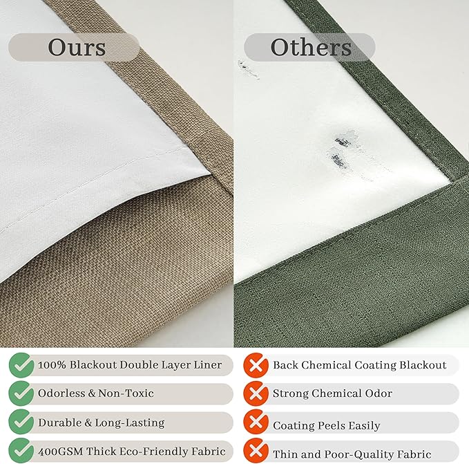 Pinch Pleated Oak Taupe Curtains 90 Inches Long for Patio Sliding Glass Doors 2 Panels Set, Memory Trained Blackout Double Layer Heavy Linen Blend Thermal Noise Cancelling Country Viral Windows Drapes