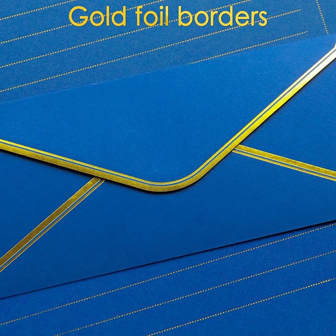 J6&H6 Gold Thread Stationary Paper and Envelopes Set Including 12 Standard Sized Phnom Penh Envelopes and 24 Sheets of Lined Paper Suitable for Daily Emotional Expression Formal Communication(Blue)