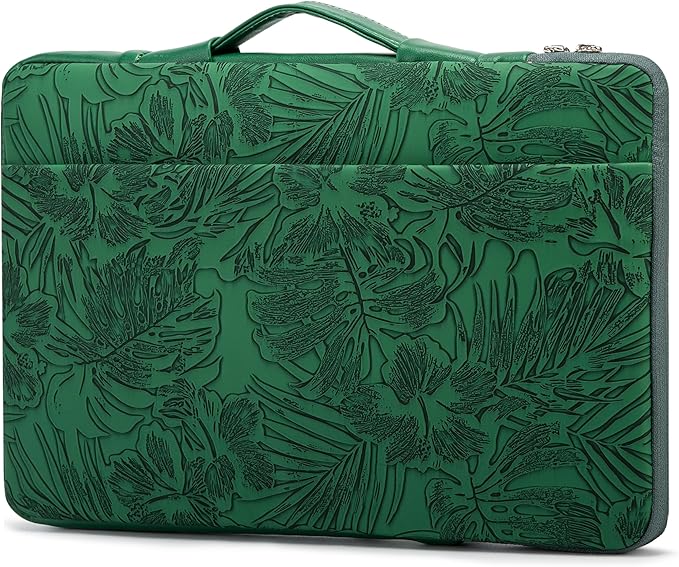 Kinmac Embossed PU Leather 360° Heavy Duty Protective Laptop Sleeve with Poacket (Green Leaves, 12.5 inch-13.6 inch)