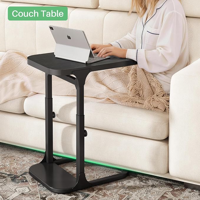 Kitstorack Height Adjustable End Table, Small Side Table for Couch, Sofa Table with Metal Frame for Living Room, Bedroom, Bedside C Shaped Table,Black