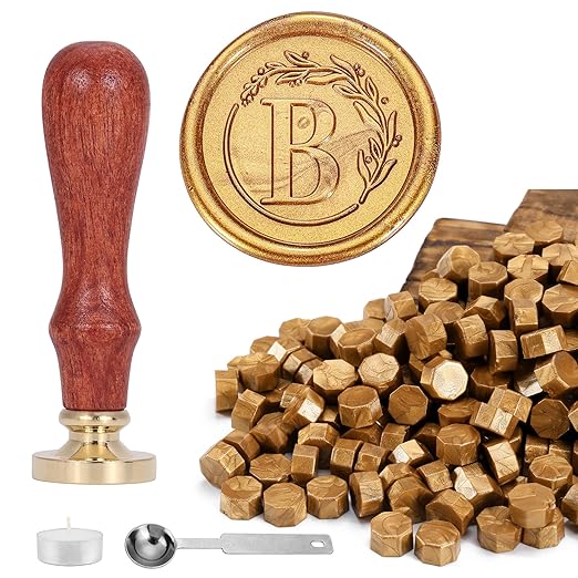 Yoption Vintage Letter B with Wreath Wax Seal Stamp Kit with 120 Antique Gold Wax Seal Beads