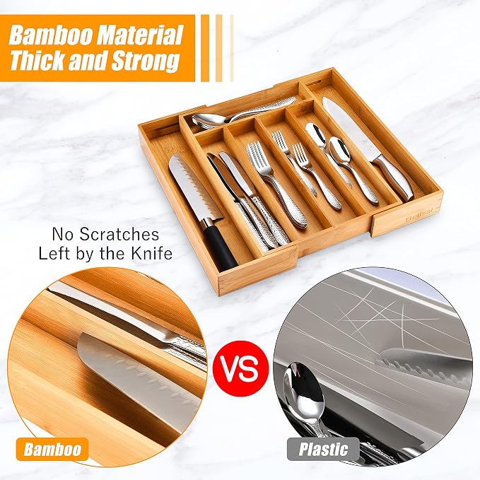 Silverware Organizer Kitchen Drawer Organizer Expandable Bamboo Utensil Holder Cutlery Tray for Kitchen Utensil and Flatware Bedroom Office