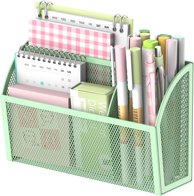 DALTACK Magnetic Pencil Holder - 3-Grid Mesh Shelf for Whiteboard, Refrigerator & Locker - Organizer for Home, School & Office, Mint Green