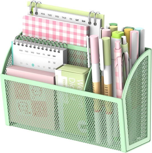 DALTACK Magnetic Pencil Holder - 3-Grid Mesh Shelf for Whiteboard, Refrigerator & Locker - Organizer for Home, School & Office, Mint Green