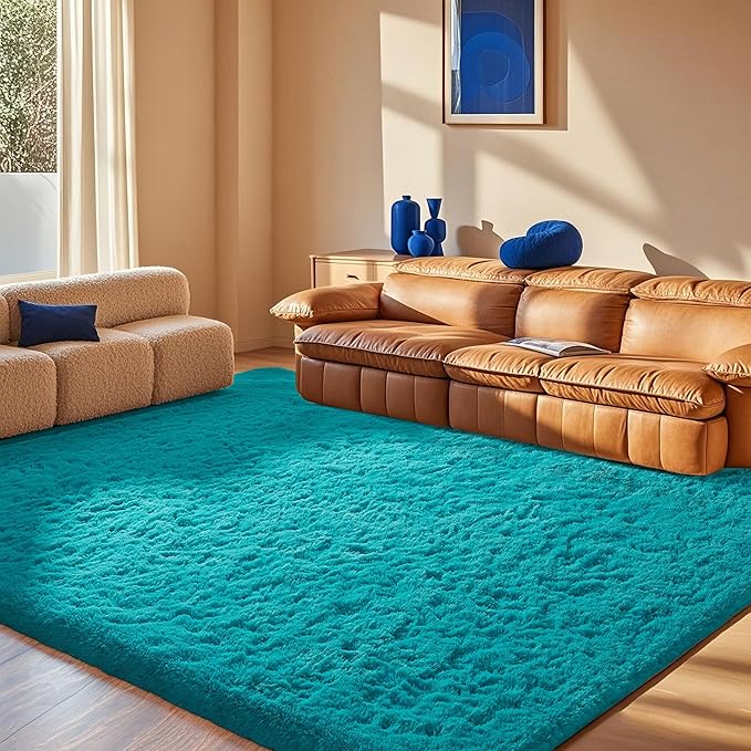 Ophanie Teal Rugs for Bedroom Living Room, Fluffy Fuzzy Furry Carpet, Plush Soft Shaggy Bedside Indoor Floor 4x6 Area Rug for Kids Girls Boys Baby Teen Dorm Nursery Decor with Over 99 pcs Pile fibers