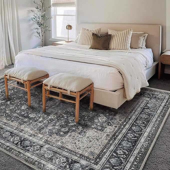 Washable Area Rug 8'x10' Retro Boho Design Non-Shedding Non-Slip Easy Care Ideal for High Traffic Areas in Living Room Bedroom Office Coffee Table Kitchen Large Carpet