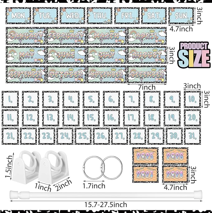 Girl Style Composition Notebooks Flip Calendar Bulletin Board Set 54 Date Cards for Teacher Classroom Years 2025-2028 Rainbow Flip Calendar with Adjustable Holder O-Rings for Back to School Supplies