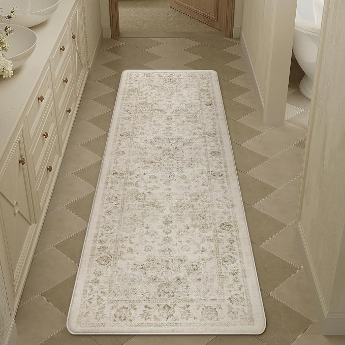 Anti Fatigue Kitchen Mats 2PCS Beige Neutral Mats for Cushioned Vintage Kitchen Matss for Floor Non-Slip Waterproof Comfort Standing Rug for Sink Laundry Office 17.3"×47"+17.3"×30"