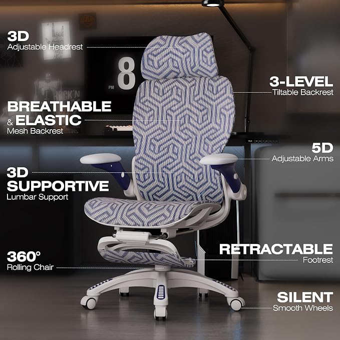 ELABEST X100 Ergonomic Mesh Office Chair with Footrest, Big and Tall Home Desk Chair with 5D Flip-Up Arms, Adjustable 3D Lumbar Support, Gaming & Executive Computer Chair (Cybernetic Pulse)