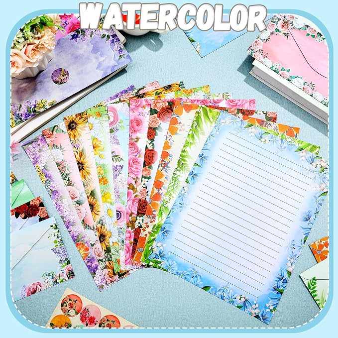 TaoBary 160 Pcs Stationery Paper Set 50 Double Sided Stationery Papers with 50 Matching Envelopes and 60 Round Dot Sticker, 10 Design(Flower,8.5 x 11 Inch)