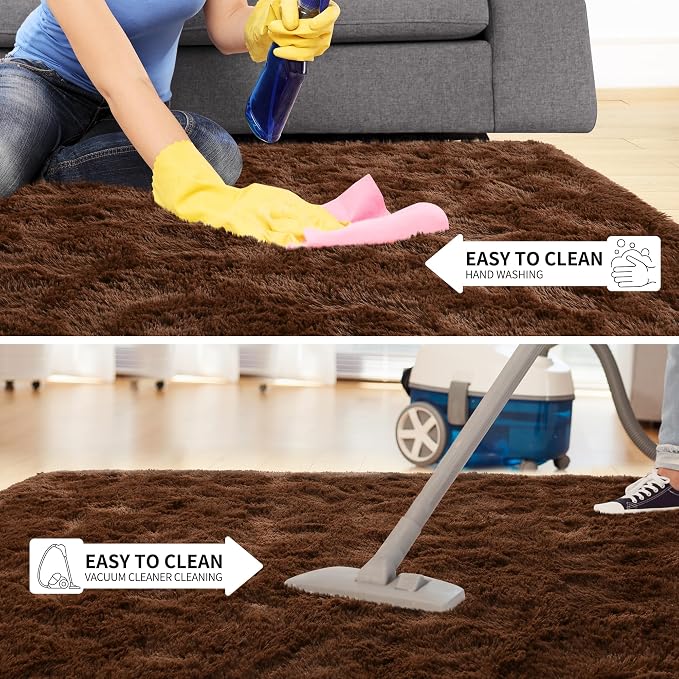 Tepook 9x12 Brown Area Rugs for Living Room Bedroom, Soft Fluffy Plush Shaggy Girls Boys Kids Room Rug, Shag Upgrade Non-Slip Throw Carpet for Dorms Nursery Classroom Home Decor