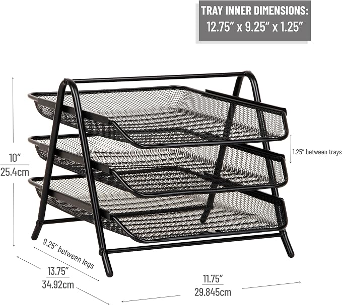 Mind Reader 3-Tier Paper Tray, Desktop Organizer, File Storage, Workspace, Office, Metal Mesh, 11.75"L x 13.75"W x 10"H, Black