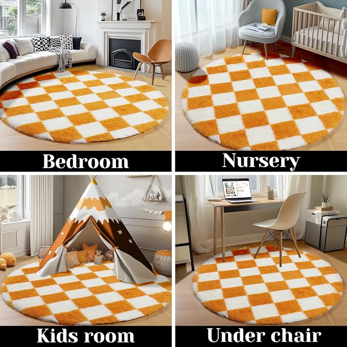 KICMOR Round Rug 4ft Orange and Cream White Circle Area Rug, Fluffy Soft Fuzzy Shag Shaggy Bedroom Living Room Carpet, Indoor Checkered Circular Rug for Kids Boys Girls Home Decor Aesthetic, Nursery