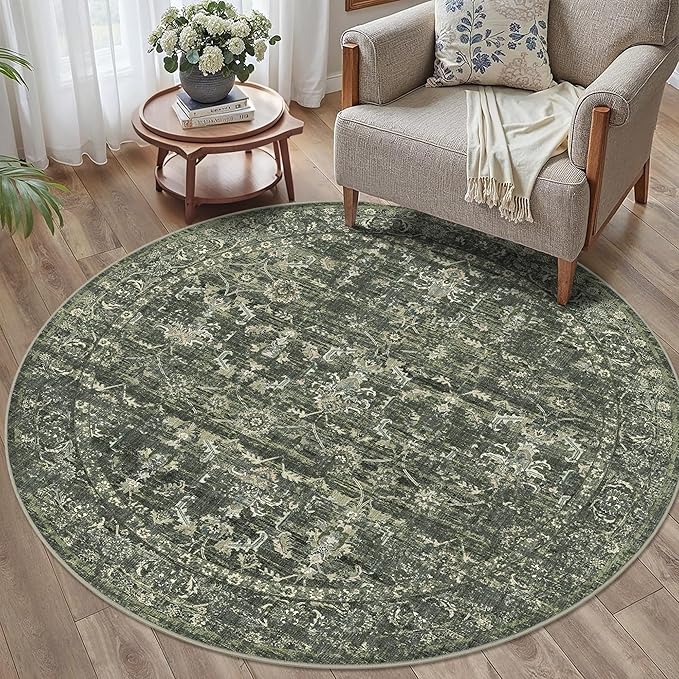 5ft Green Round Washable Area Rug for Living Room Vintage Boho Non Slip Circle 5x5 Rug Distressed Floral Carpet Indoor Retro Soft Low Pile Farmhouse Throw Rug for Bedroom Nursery Office
