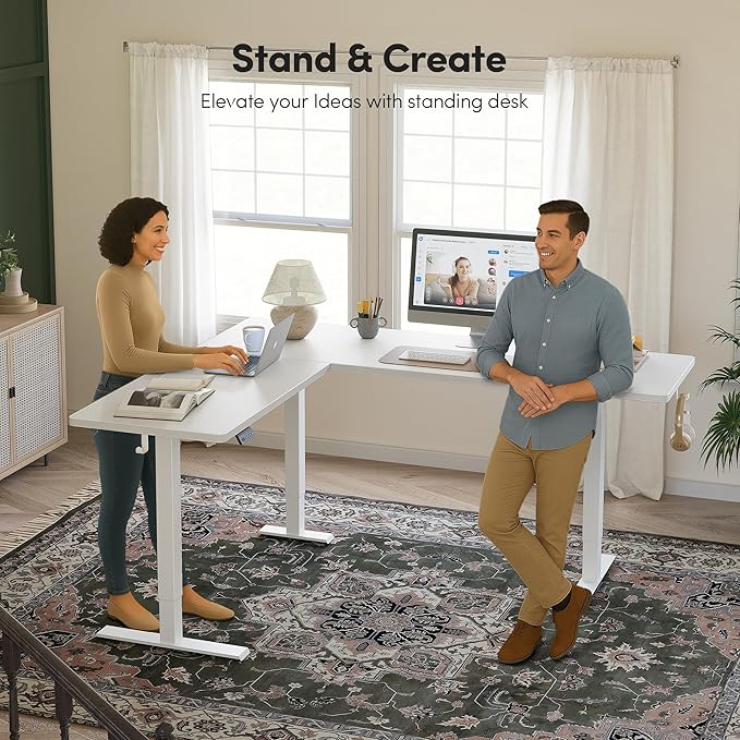 CubiCubi L Shaped Standing Desk 63 x 55 Inch Adjustable Height, Electric Corner Desk, Sit Stand Home Office Desk with Splice Board, White