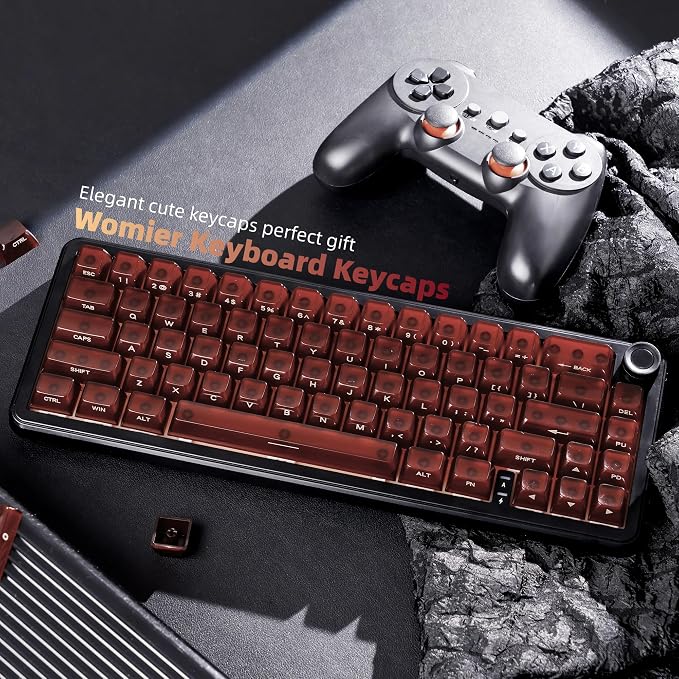 Womier Jelly Keycaps, Ceramic Keycaps Style Clear PC Custom Keycaps Set, Laser Carving Side Printing 60% 75% 100%, MDA Profile for Mechanical Keyboard Keycaps, Compatible Full-Sized Layout, Red/Brown