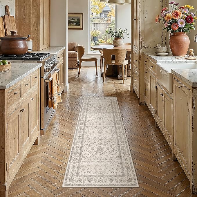 PureCozy 2x6 Runner Rug Beige Washable Hallway Vintage Carpet Kitchen Small Long Non Slip Stain Soft Resistant Low Pile Thin Boho Accent Indoor Throw Rug for Bedroom Laundry Living Room