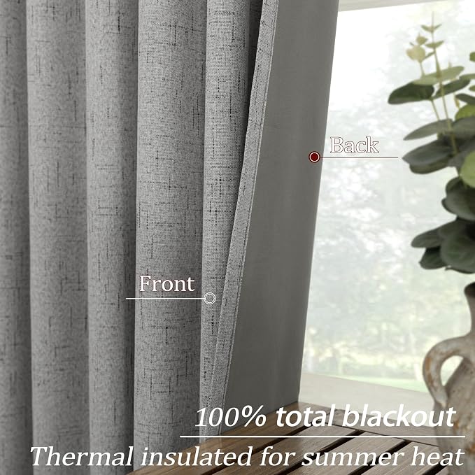 KOUFALL Light Grey Back Tab Linen Blackout Curtains 72 Inch Length for Living Room 2 Panels Set
