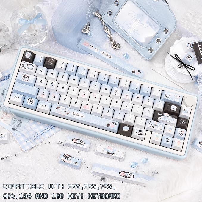 Cherry Profile PBT Keycaps - Cute Cat Keycaps, 145 Keys Blue White, Kawaii Anime Custom Keycap Set for US UK Layout Mechanical Keyboards with Key Puller（Pixel Art Style）