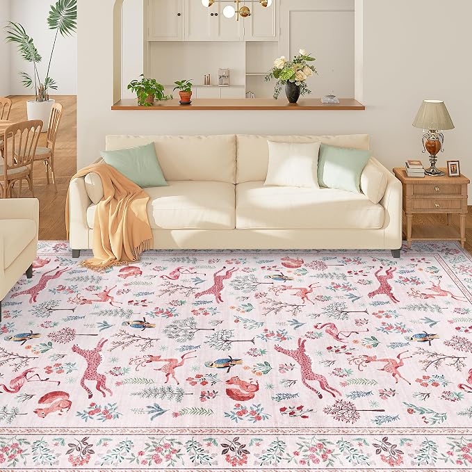 DUKINO 8x10 Rug, Washable Animal Living Room Rug with Non Slip Vintage Design, Soft Low Pile Large Carpet for Bedroom, Nursery, Dining Room, Farmhouse, Playroom, Pink